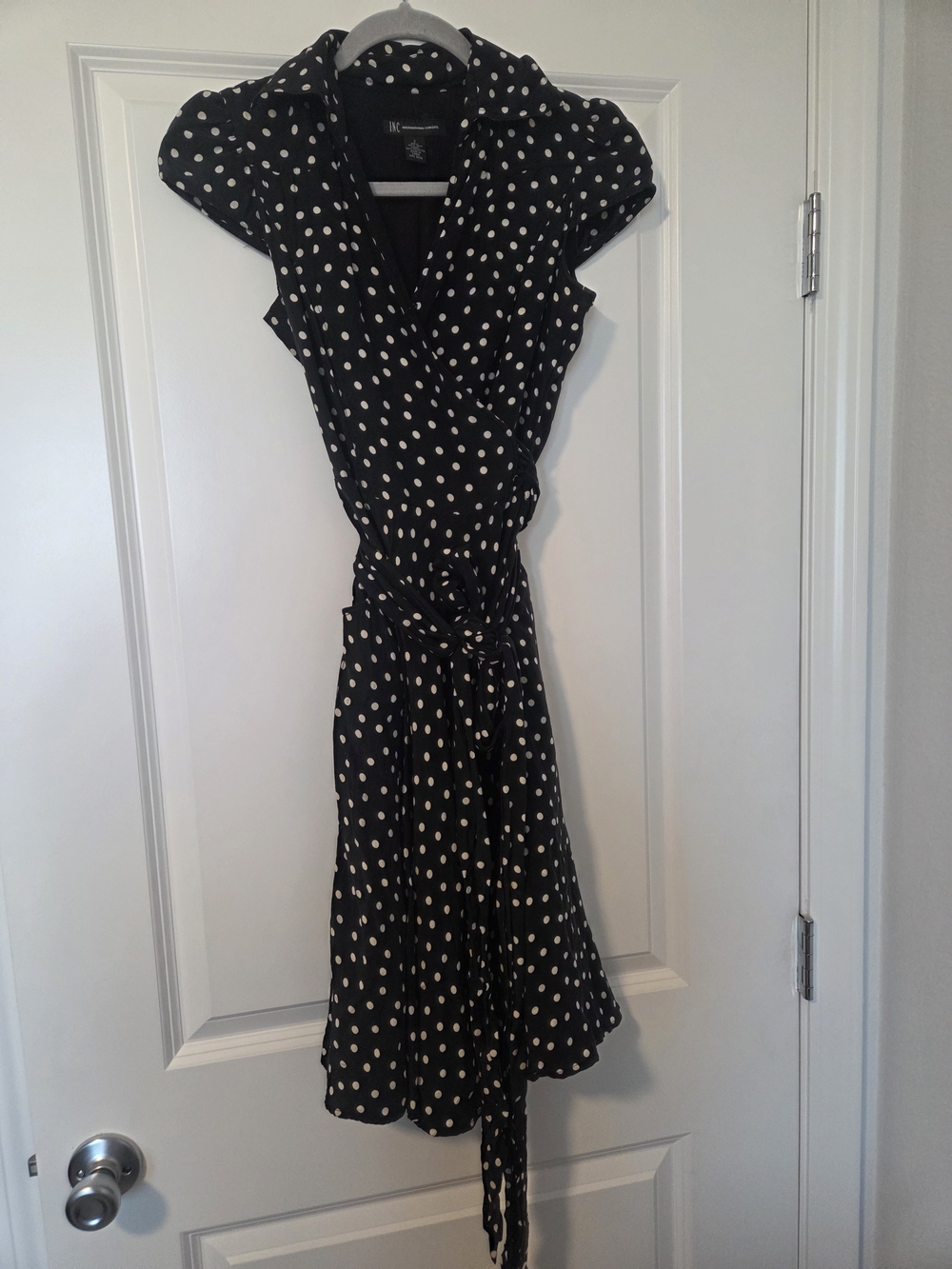INC International Concepts Black & White Polka Dot Wrap Midi Dress
